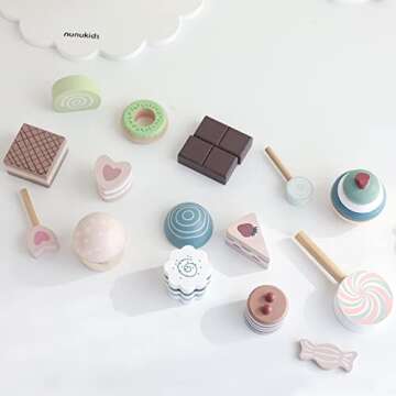 nunukids Wooden Tea Party Set for Little Girls Fake Food for Kids Kitchen 22pcs Cake Shop Toy