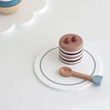 nunukids Wooden Tea Party Set for Little Girls Fake Food for Kids Kitchen 22pcs Cake Shop Toy