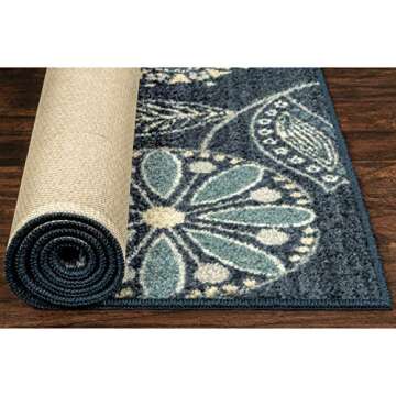 Maples Rugs Reggie Floral Runner Rug - Made in USA - Washable, Non Slip Mats for Kitchen, Hallway, and Laundry Room, 2' x 5', Persian Blue