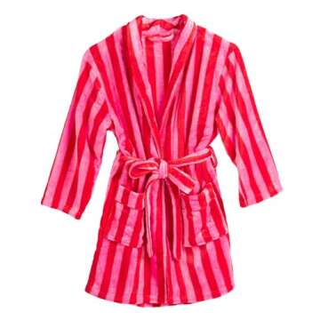 Pivanzore Women's Striped Fleece Robe Fuzzy Y2K Printed Long Sleeve Shawl Collar Bath Robe Cute Plush Warm Kimono with Pocket(Red,Large)