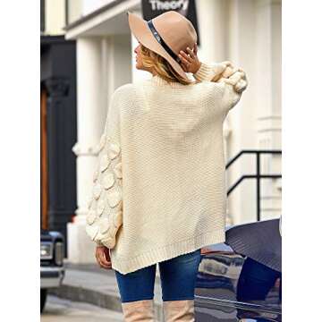 Misassy Womens Oversized Sweaters Open Front Lantern Pom Pom Sleeve Loose Cable Chunky Knit Cardigan Coats Beige