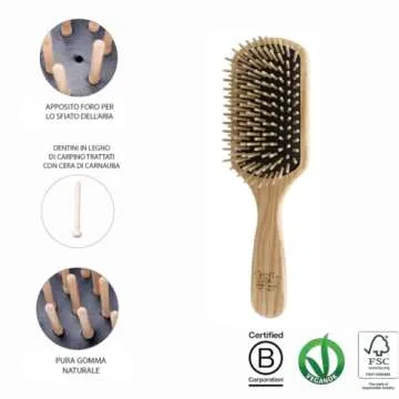 TEK- Rectangular Brush with Long Tooth in Ash Wood Handmade in Italy, for Long, Thick and Straight Hair - 22 x 6.5 cm