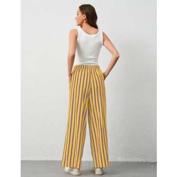 Ymejia Womens Wide Leg Striped Pants Loose Fit Drawstring Comfy High Waist Striped Lounge Pants with...