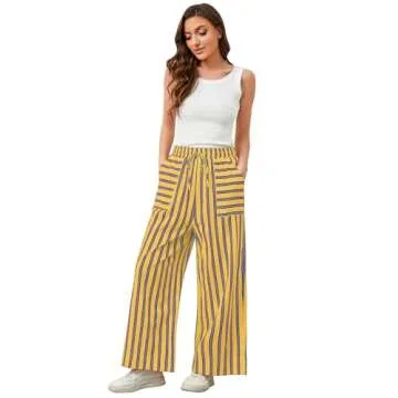Ymejia Womens Wide Leg Striped Pants Loose Fit Drawstring Comfy High Waist Striped Lounge Pants with Pockets Red White