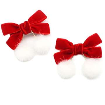 4 Pieces Christmas Red Baby Girls Chinese Style Hairy Furry Balls Velvet Bows Tassels Hair Clips Hair Bows Alligator Clips for Girls Infants Toddlers