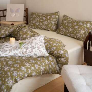 mixinni 100% Cotton Plaid Jacquard Pattern Duvet Cover Queen Size 3pcs White Floral Jacquard Duvet Cover Green Flower Comforter Cover Set with Button Ties Perfect for Him and Her