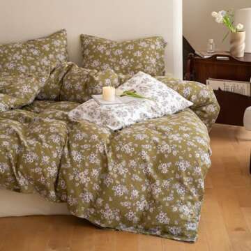 mixinni 100% Cotton Plaid Jacquard Pattern Duvet Cover Queen Size 3pcs White Floral Jacquard Duvet Cover Green Flower Comforter Cover Set with Button Ties Perfect for Him and Her