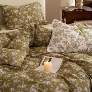 mixinni 100% Cotton Plaid Jacquard Pattern Duvet Cover Queen Size 3pcs White Floral Jacquard Duvet Cover Green Flower Comforter Cover Set with Button Ties Perfect for Him and Her