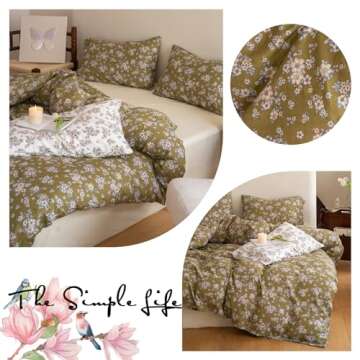 mixinni 100% Cotton Plaid Jacquard Pattern Duvet Cover Queen Size 3pcs White Floral Jacquard Duvet Cover Green Flower Comforter Cover Set with Button Ties Perfect for Him and Her