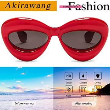 Akirawang Fashion Inflated Cat-eye Sunglasses for Women Oversized Thick Frame Sexy Lip Candy Color Glasses Trendy Designer Style