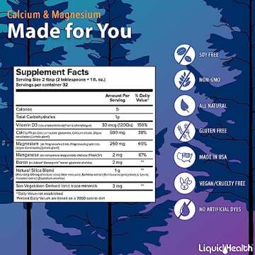 LIQUIDHEALTH Calcium & Magnesium Adult Liquid Vitamin Supplement - Bone, Joint, Muscle, Connective Tissue Support, Heart Health, Essential Nutrients - Great Taste, Vegan, Non GMO, Sugar-Free (32 oz)