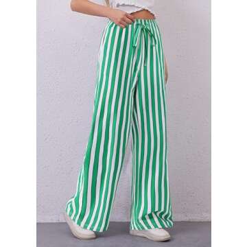 PRETTYGARDEN Women Striped Pants 2025 Summer Casual Trendy Lightweight Wide Leg Drawstring Lounge Pajama Trousers with Pockets (Striped Grey Blue Green,Small)