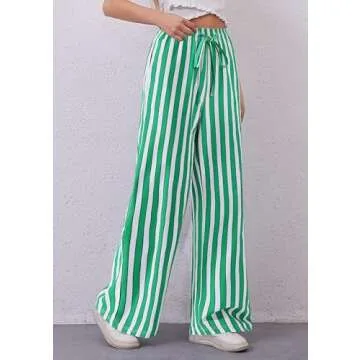PRETTYGARDEN Women Striped Pants 2025 Summer Casual Trendy Lightweight Wide Leg Drawstring Lounge Pajama Trousers with Pockets (Striped Grey Blue Green,Small)