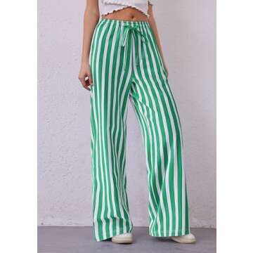 PRETTYGARDEN Women Striped Pants 2025 Summer Casual Trendy Lightweight Wide Leg Drawstring Lounge Pajama Trousers with Pockets (Striped Grey Blue Green,Small)