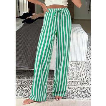 PRETTYGARDEN Women Striped Pants 2025 Summer Casual Trendy Lightweight Wide Leg Drawstring Lounge Pajama Trousers with Pockets (Striped Grey Blue Green,Small)