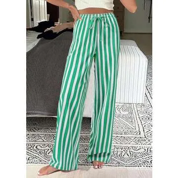PRETTYGARDEN Women Striped Pants 2025 Summer Casual Trendy Lightweight Wide Leg Drawstring Lounge Pajama Trousers with Pockets (Striped Grey Blue Green,Small)