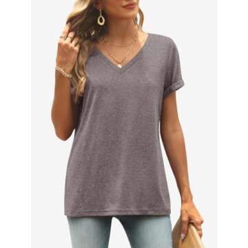 ATHMILE Womens T Shirts for Women Short Sleeve V Neck Basic Tees Fashion Tunic Tops Loose Fit Soft C...