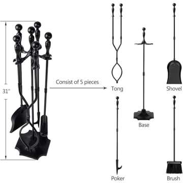 AMAGABELI GARDEN & HOME 5 Pcs Fireplace Tools Sets Black Handle Wrought Iron Large Fire Tool Set and...