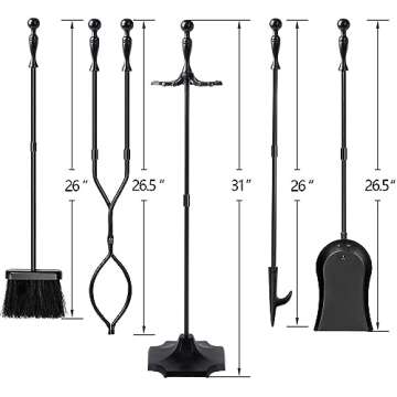AMAGABELI GARDEN & HOME 5 Pcs Fireplace Tools Sets Black Handle Wrought Iron Large Fire Tool Set and Holder Outdoor Fireset Fire Pit Stand