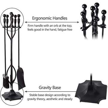 AMAGABELI GARDEN & HOME 5 Pcs Fireplace Tools Sets Black Handle Wrought Iron Large Fire Tool Set and Holder Outdoor Fireset Fire Pit Stand