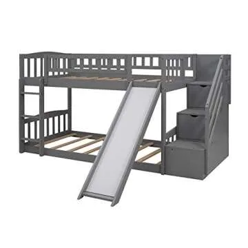 Twin Over Twin Bunk Beds with Slide Gray Storage