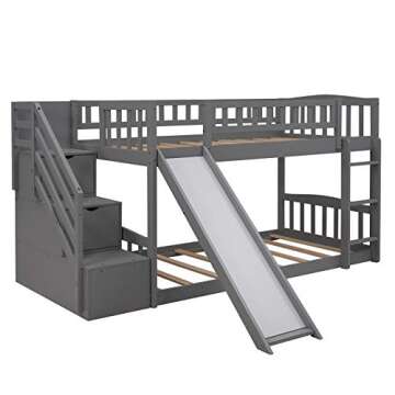 Twin Over Twin Bunk Beds with Slide, Low Bunk Bed Frame with Storage Drawers Stairway Wood Bunk Bed with Slide for Kids Boys Girls, Gray Finish