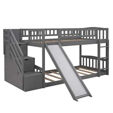 Twin Over Twin Bunk Beds with Slide Gray Storage