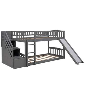 Twin Over Twin Bunk Beds with Slide, Low Bunk Bed Frame with Storage Drawers Stairway Wood Bunk Bed with Slide for Kids Boys Girls, Gray Finish