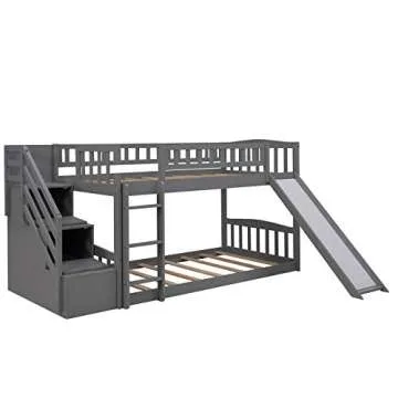 Twin Over Twin Bunk Beds with Slide Gray Storage