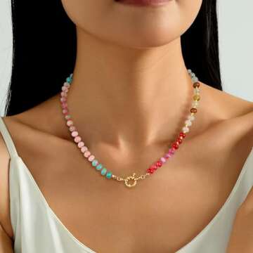 Relveo Boho Gemstone Beaded Necklace for Women,Colorful Crystal Bead Choker Freshwater Pearl Natural...