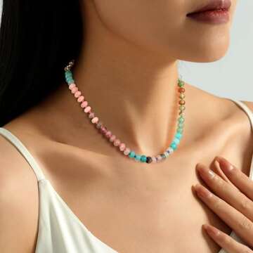 Relveo Boho Gemstone Beaded Necklace for Women,Colorful Crystal Bead Choker Freshwater Pearl Natural Stone Surfer Beach Rainbow Necklace Handmade Boho Jewelry