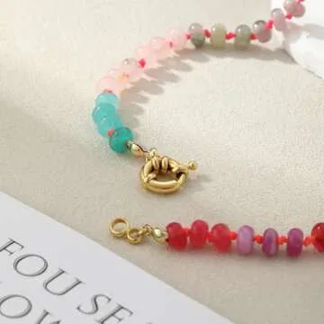 Relveo Boho Gemstone Beaded Necklace for Women,Colorful Crystal Bead Choker Freshwater Pearl Natural Stone Surfer Beach Rainbow Necklace Handmade Boho Jewelry