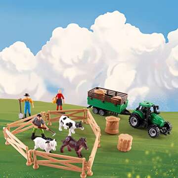 deAO Farm Toys Playset Plastic Animals Figurines, Fence Farm and Farm Tractor Playset Farm Figures Farmer Vehicle Toy Learning Educational Toy Playset Boys Girls Aged 3+