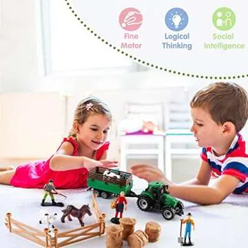 deAO Farm Toys Playset Plastic Animals Figurines, Fence Farm and Farm Tractor Playset Farm Figures Farmer Vehicle Toy Learning Educational Toy Playset Boys Girls Aged 3+