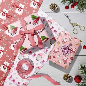 SaringSwoon Pink Christmas Wrapping Paper for Boys Girls Kids - Xmas Gift Wrap With Santa, Gnome, Rustic Red Trucks, Polar Bear on Pink Designs - 40×28 Inches, 6 Folded Sheets