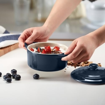 Kook Ceramic Mini Cocotte Set, Small Casserole Dishes with Lids and Handles, Individual Baking Ramekins, Oven, Microwave & Dishwasher Safe, Stoneware, 12 oz, Set of 4
