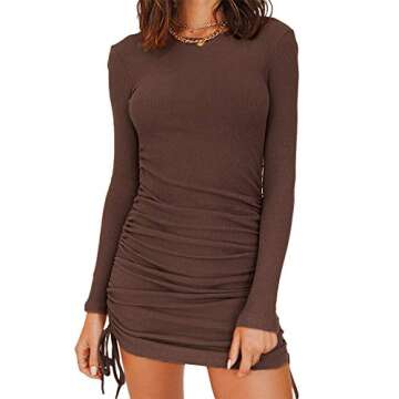 MiiVoo Women's Sexy Club Ruched Long Sleeve Drawstring Mini Bodycon Dress (XL, Coffee)