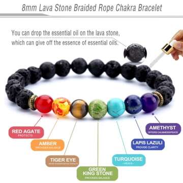 Hamoery Men Women 8mm Lava Rock 7 Chakra Beads Chakra Bracelet Braided Rope Natural Stone Yoga Brace...