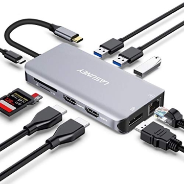 Lasuney Triple Display 10 in 1 USB Type C HUB with to 2 HDMI, Displayport, PD3.0, Ethernet, 3 USB Po...
