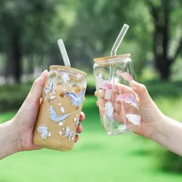 NETANY 2 Pack Glass Cups with Bamboo Lids and Straws 16 oz, Gifts for Women, Drinking glasses set, I...