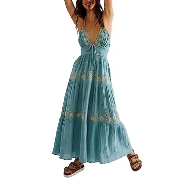 SOOKABEILA Women Backless Flowy Boho Maxi Dress Sexy Strappy Low Cut Long Dress Casual Tiered Summer...