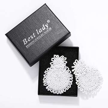 Statement Drop Earrings for Women - Bohemian Beaded Round Earrings, Idea Gift for Mom, Sister and Friends (White)