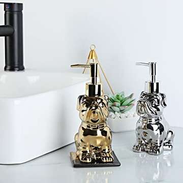 Cute Soap Dispenser Bathroom, Dog-Shaped Design, Ceramic Hand Soap Dispenser Bottle with Pump (Gold)