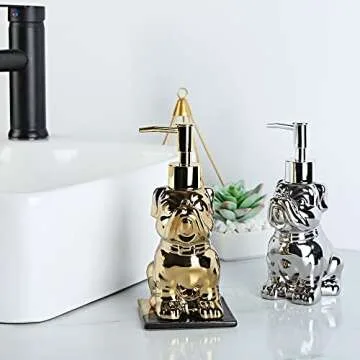 Cute Soap Dispenser Bathroom, Dog-Shaped Design, Ceramic Hand Soap Dispenser Bottle with Pump (Gold)