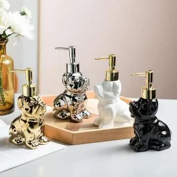 Cute Soap Dispenser Bathroom, Dog-Shaped Design, Ceramic Hand Soap Dispenser Bottle with Pump (Gold)