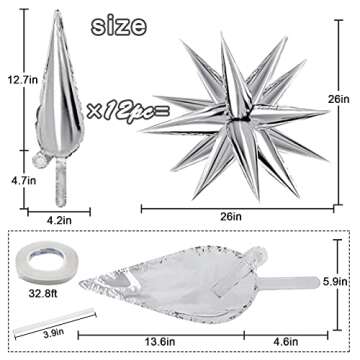 Silver Explosion Star Foil Balloons 50pcs Silver Star Balloons 26'' Big Foil Cone Balloon 12 Cone Po...