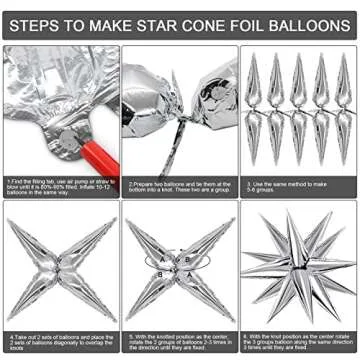 Silver Explosion Star Foil Balloons 50pcs Silver Star Balloons 26'' Big Foil Cone Balloon 12 Cone Point Star Balloon Metallic Spike Balloon Birthday Wedding Anniversary Backdrop Baby Shower Decor