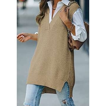 Viottiset Women's Oversized V Neck Knit Sweater Vest Tunic Sleeveless Pullover Top Khaki Small