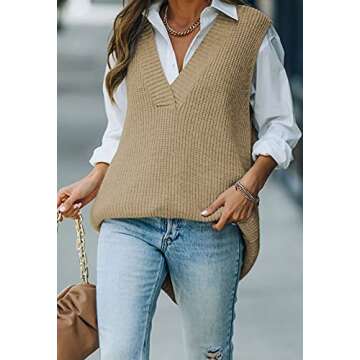 Viottiset Women's Oversized V Neck Knit Sweater Vest Tunic Sleeveless Pullover Top Khaki Small