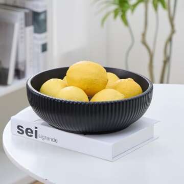 Modern Charcoal Black Fruit Bowl for Kitchen Counter- Large Concrete Aesthetic Fluted Decorative Bow...